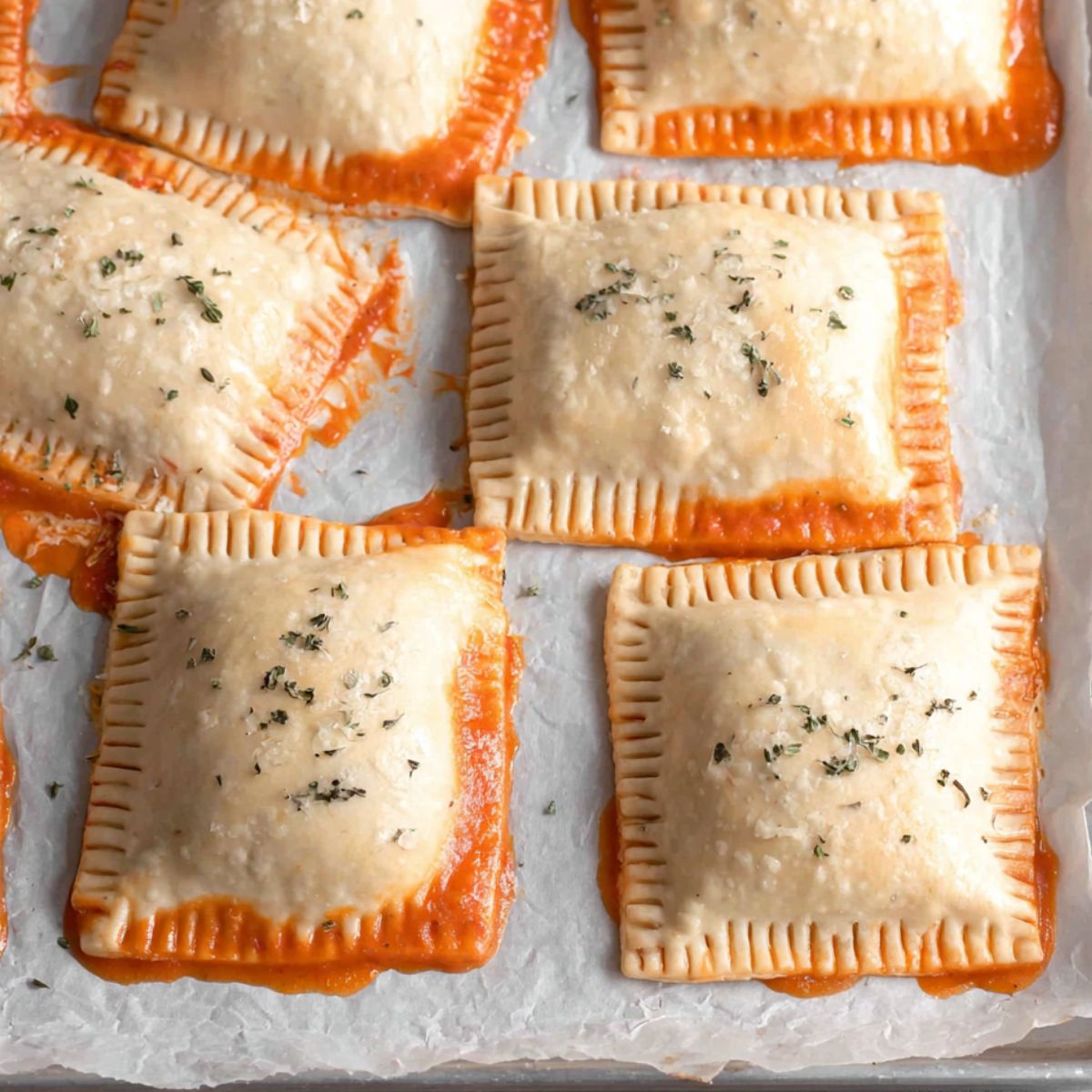 Mini pizza pockets brushed with egg wash ready for oven