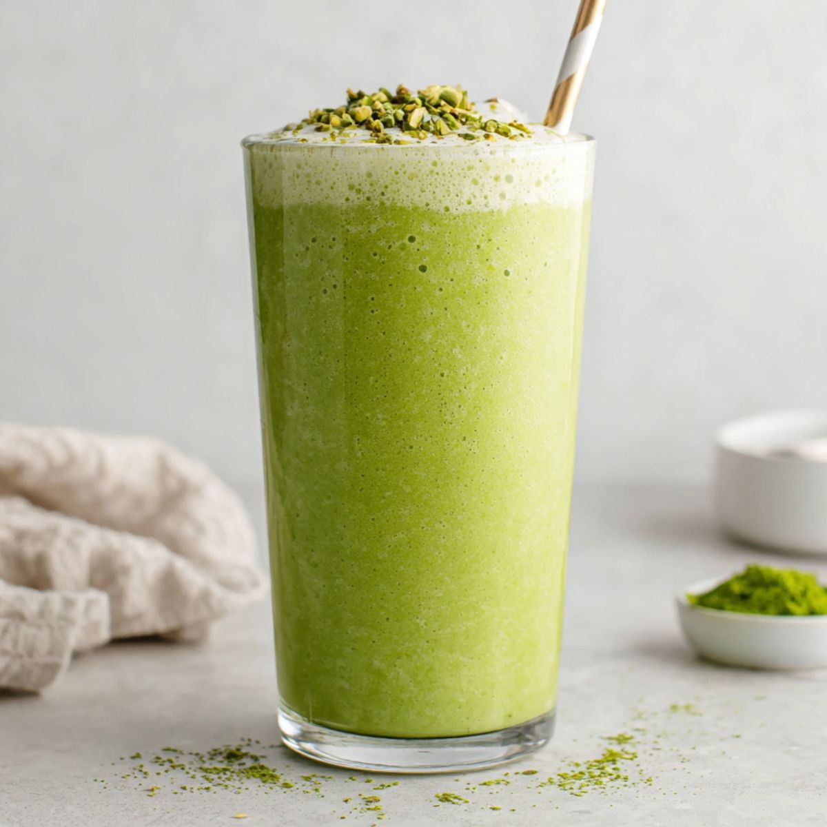 Banana matcha smoothie served in a glass on a white kitchen counter