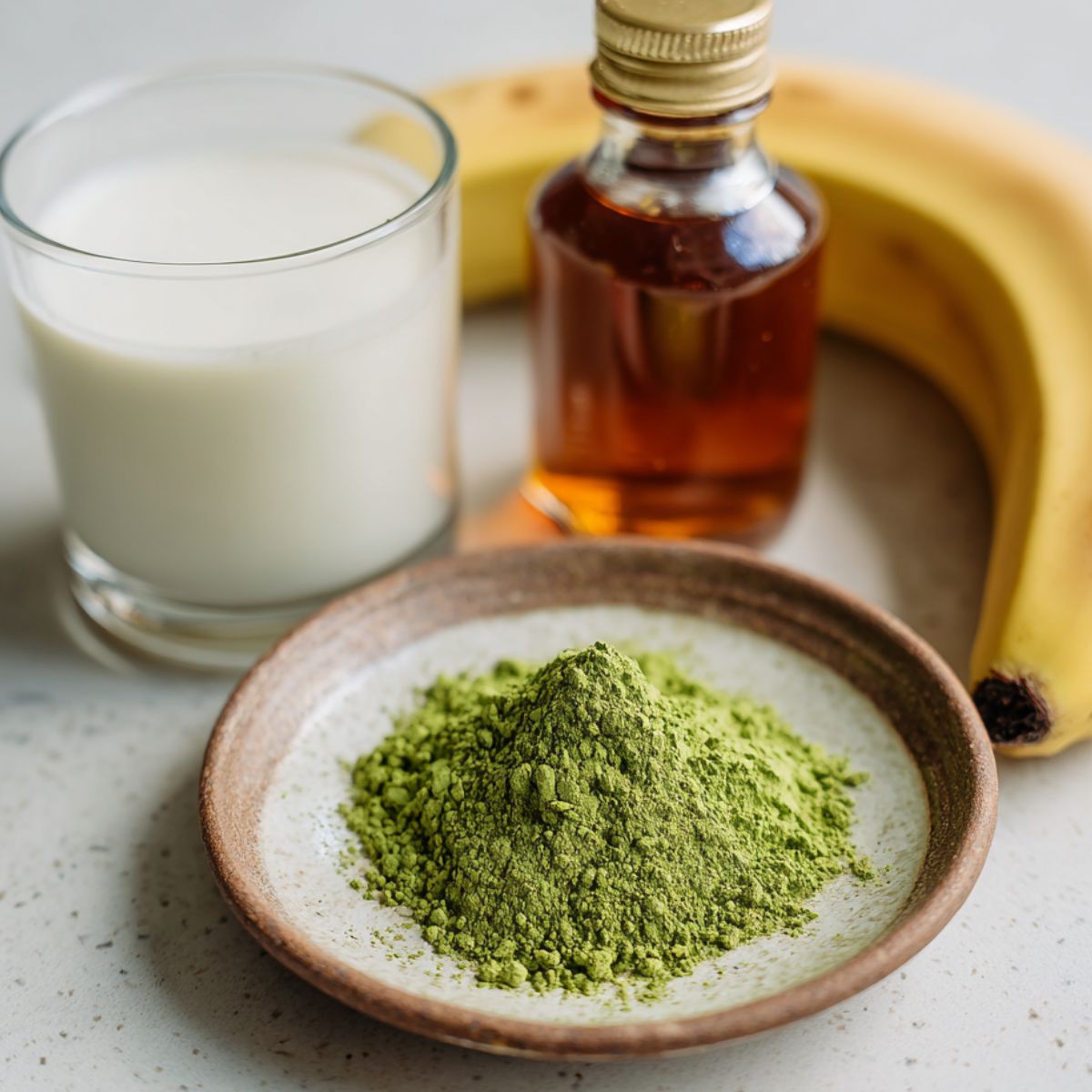 Matcha powder, banana, almond milk, and maple syrup arranged casually on a white counter