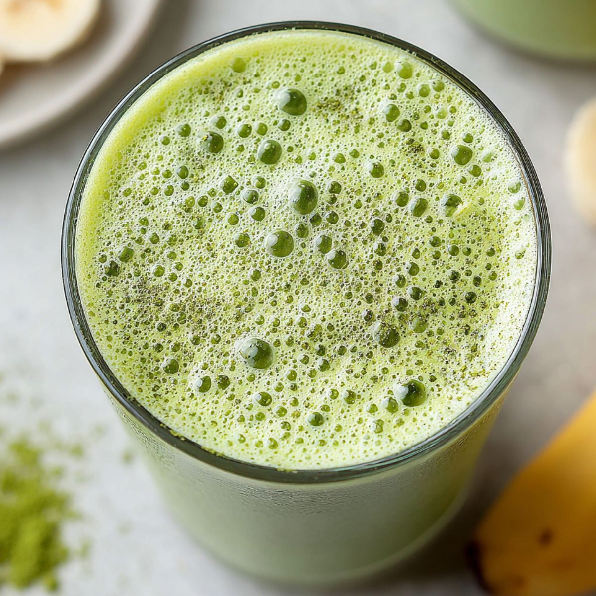 Banana matcha smoothie poured into a glass