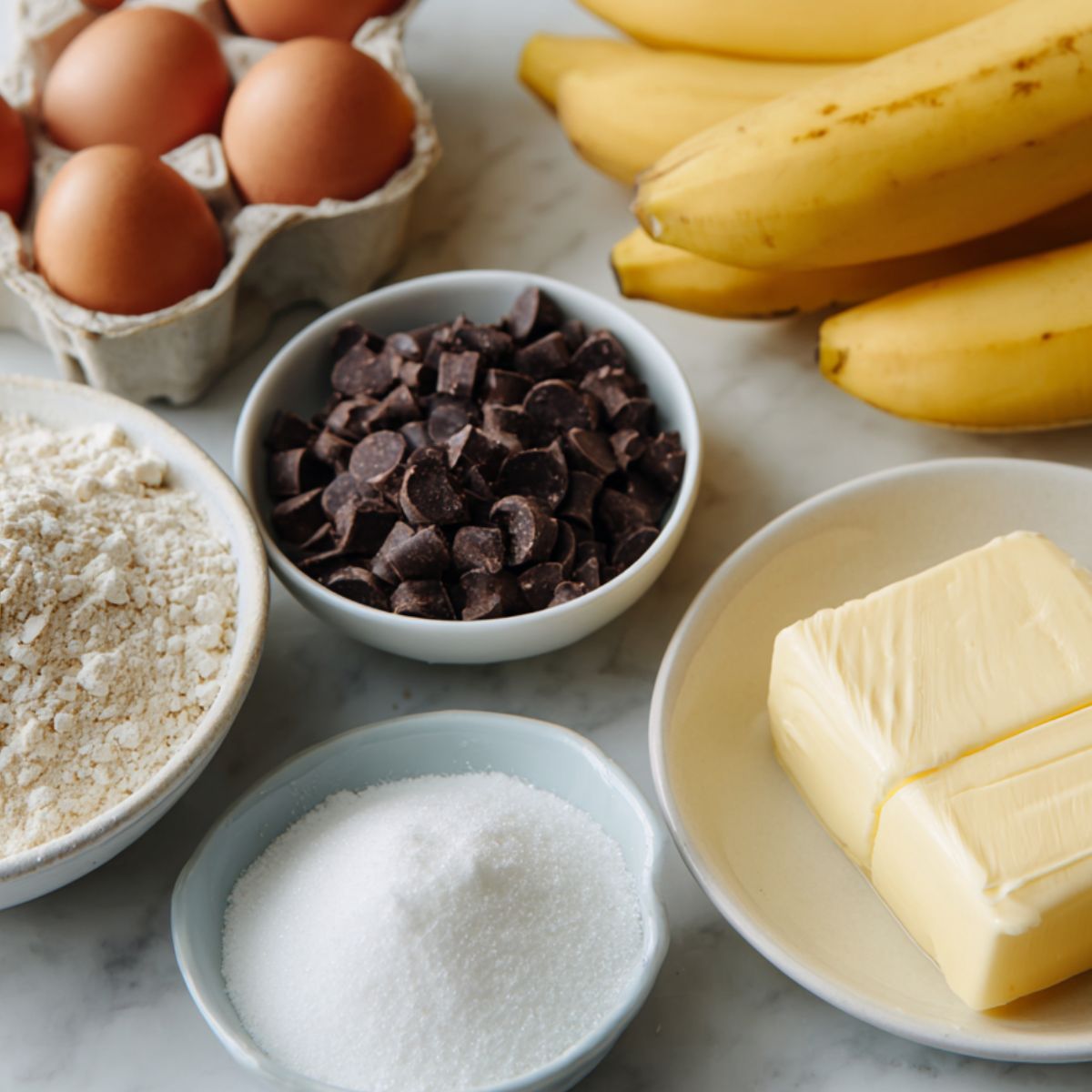 All banana bread ingredients laid out on a white kitchen counter in bowls