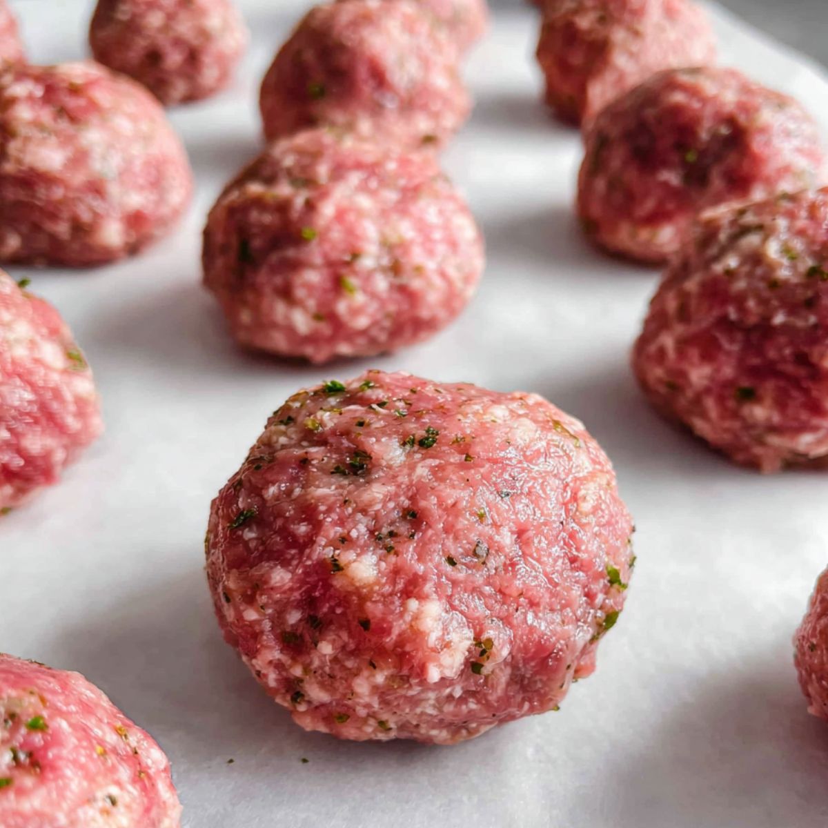 Meatballs baking on parchment-lined tray inside oven
