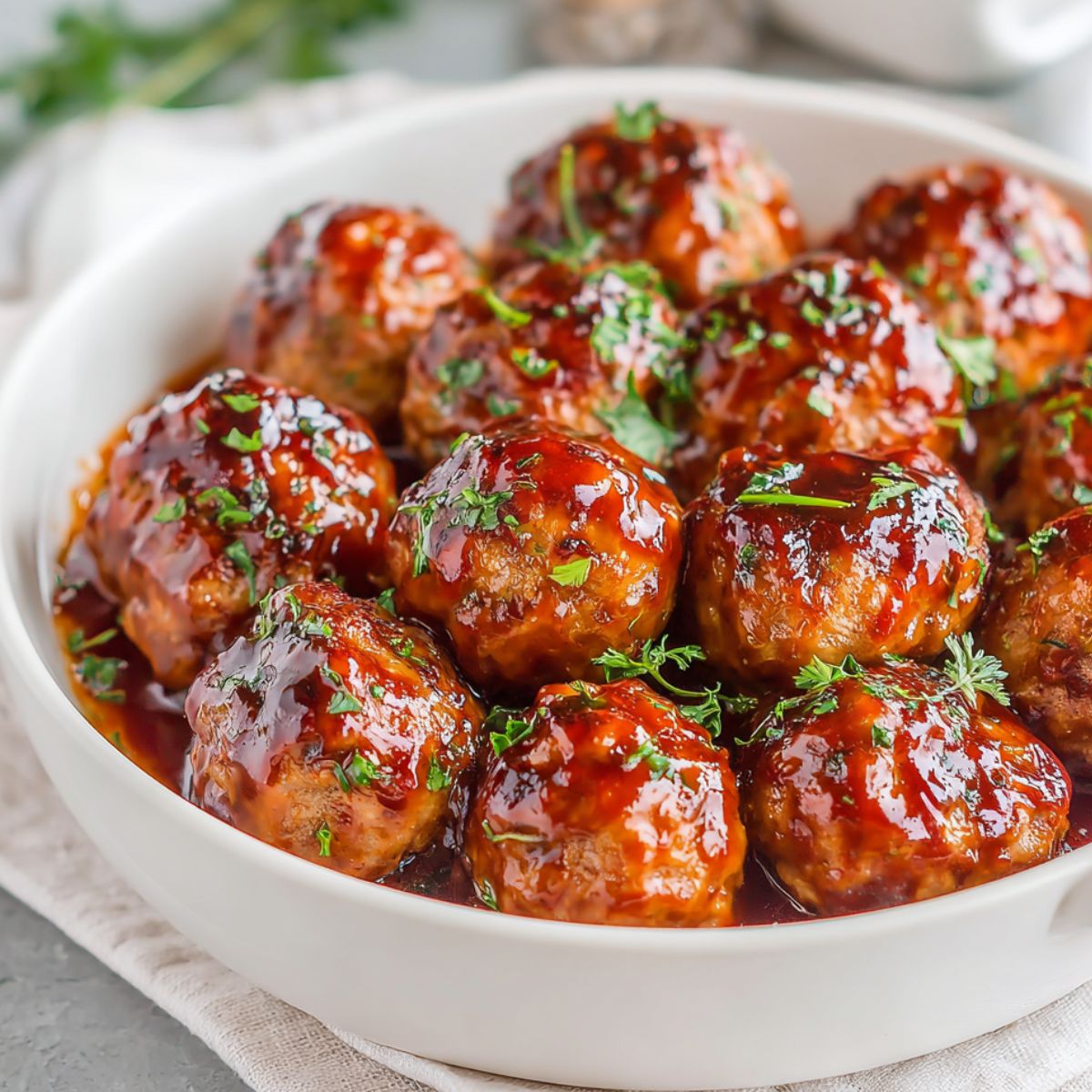 Homemade BBQ meatballs glazed with sticky barbecue sauce on a white plate