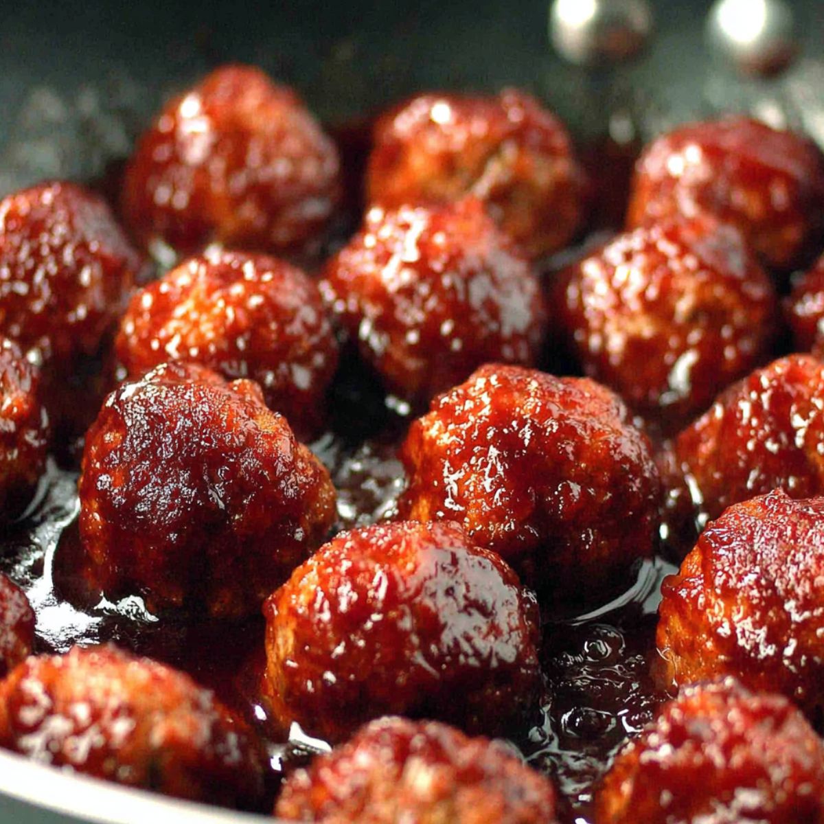 BBQ meatballs simmering in sauce in a large pan