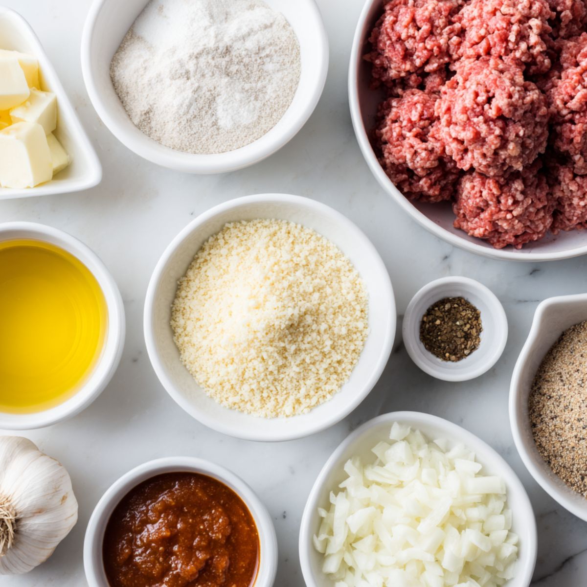 Raw ingredients for BBQ meatballs laid out on a white counter