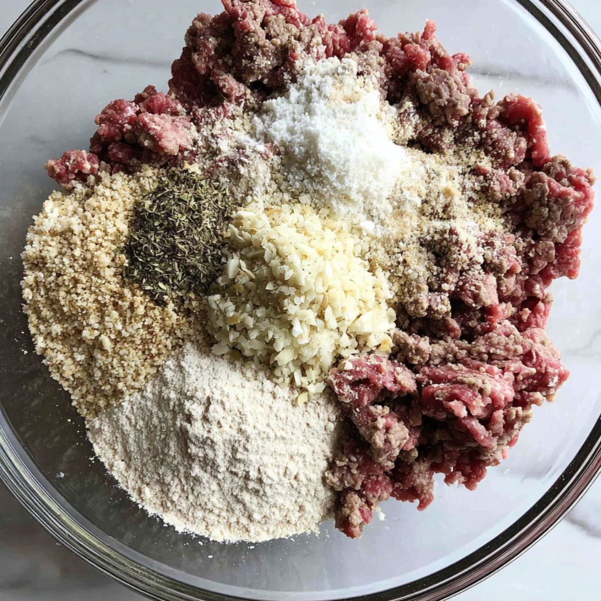 Mixing meatball ingredients in a large bowl
