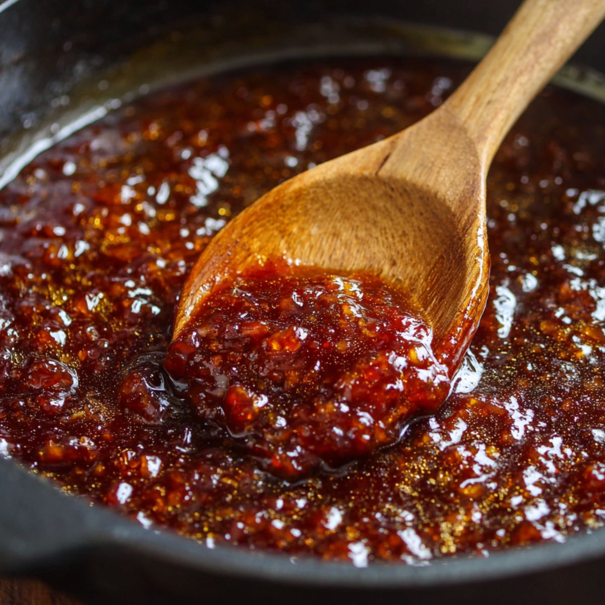 BBQ glaze simmering in a saucepan on the stove
