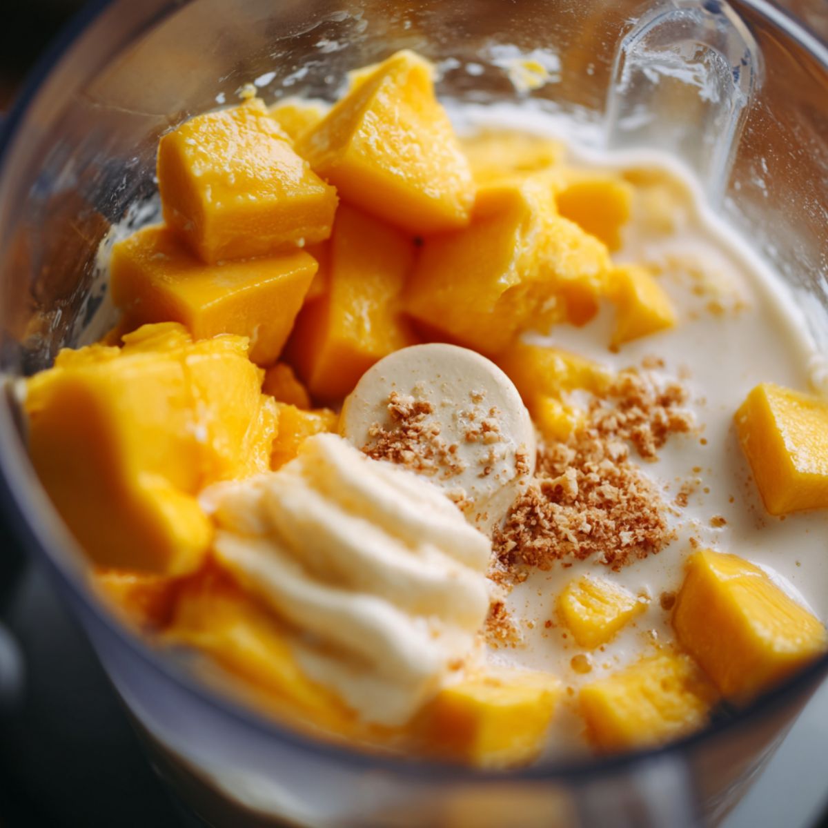 Frozen mango and other ingredients blending in a food processor