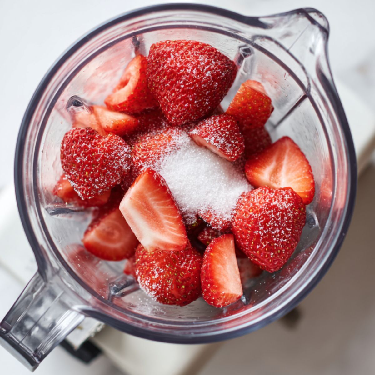 Blender filled with strawberries and sugar on a kitchen counter