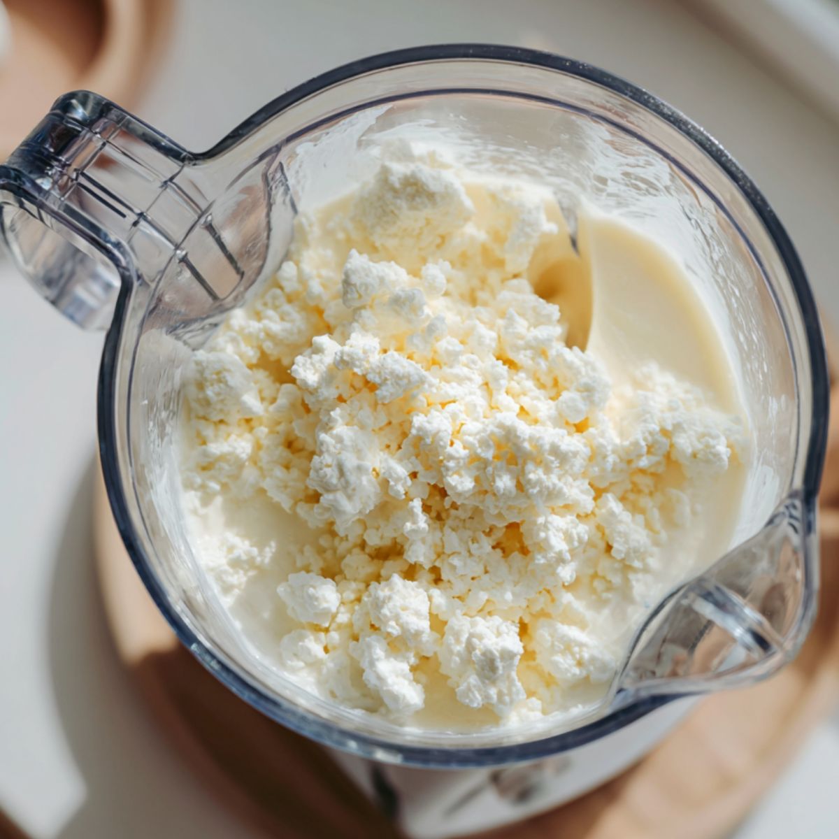 Blender filled with cottage cheese mixture ready to blend for ice cream base