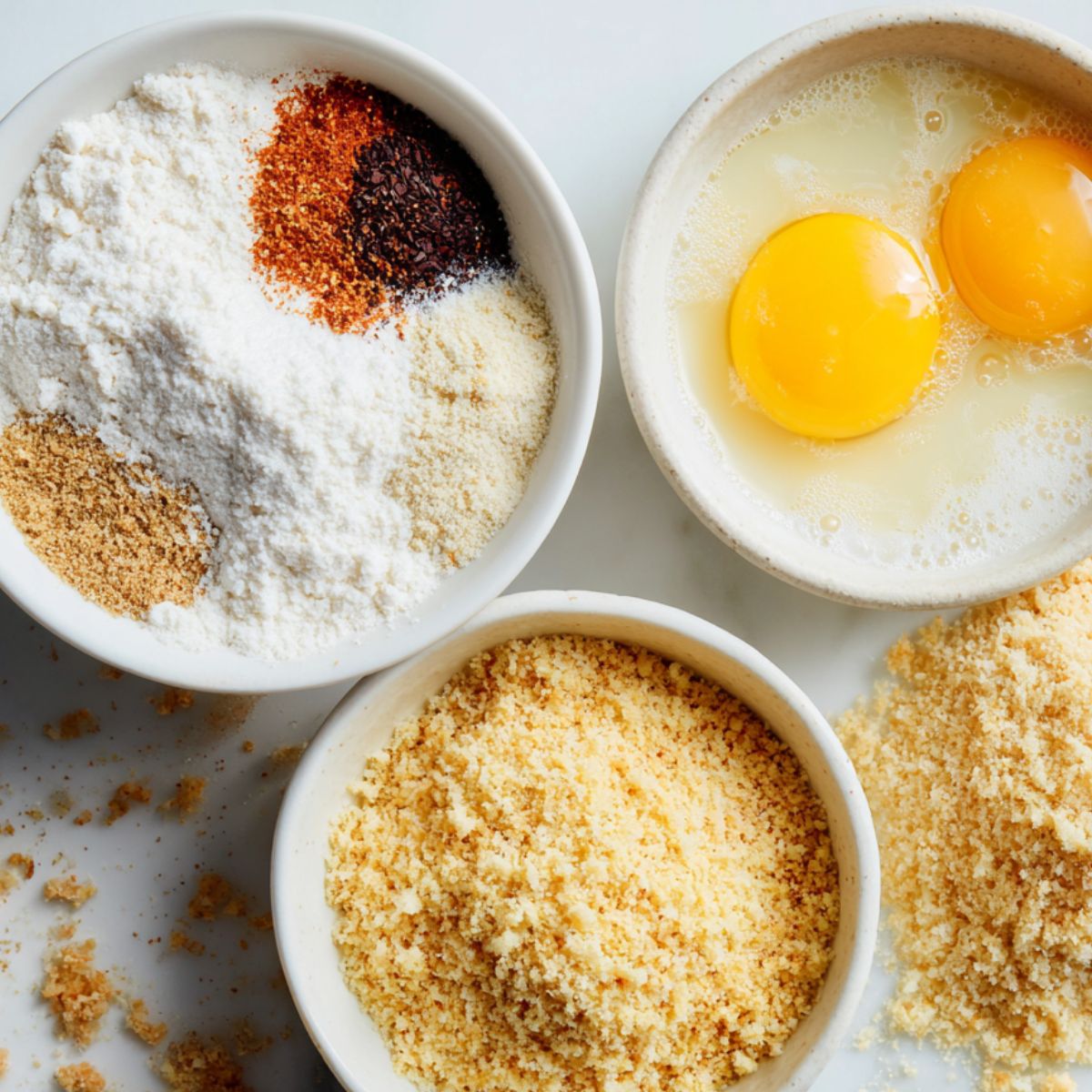Breading station with flour, egg, and panko in separate bowls.