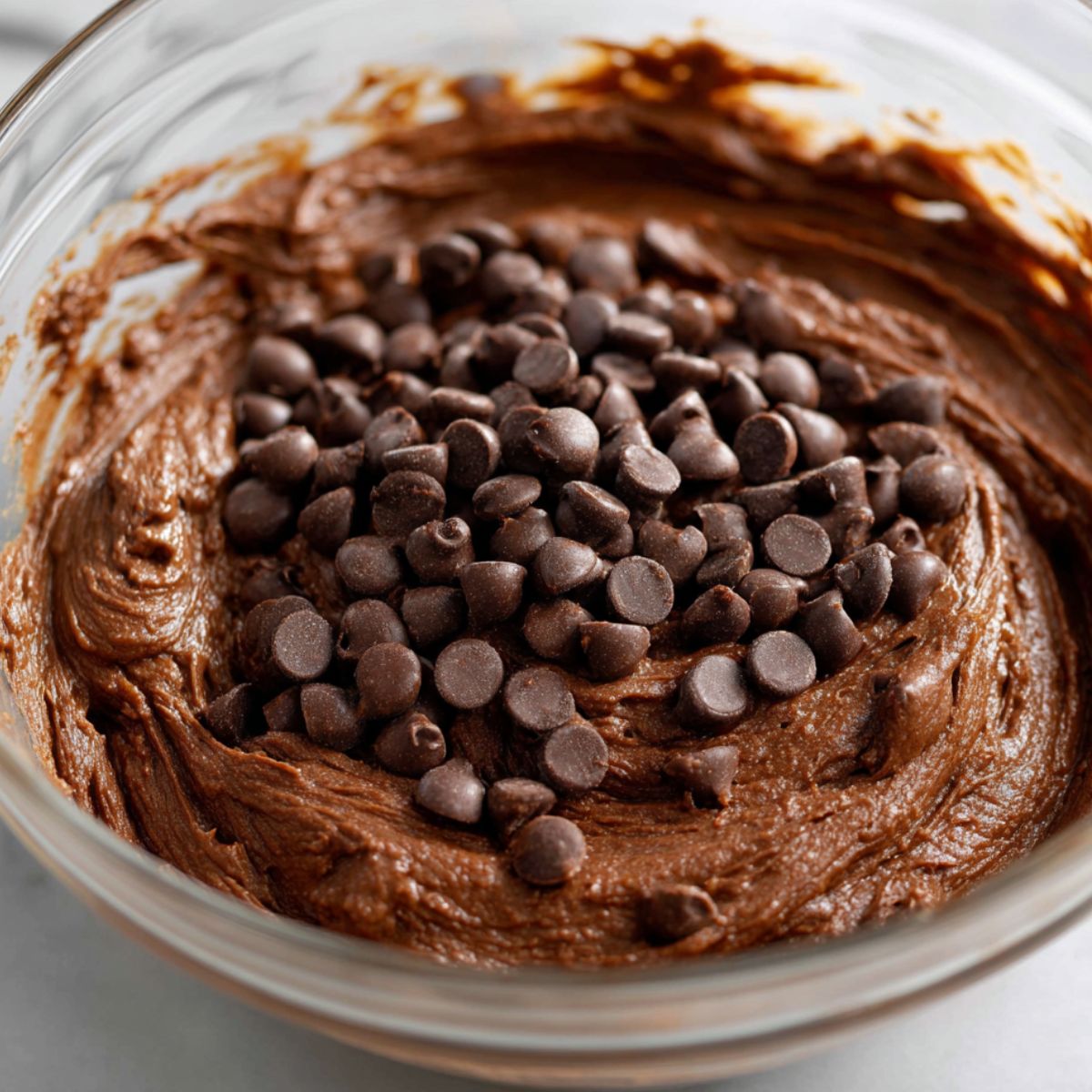 Brownie waffle batter in a mixing bowl with chocolate chips folded in.