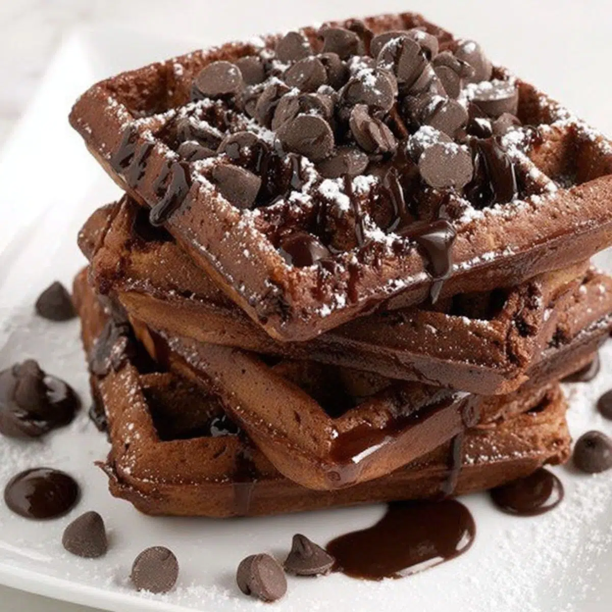 A stack of imperfectly shaped homemade brownie waffles with syrup drizzle on a white kitchen counter.