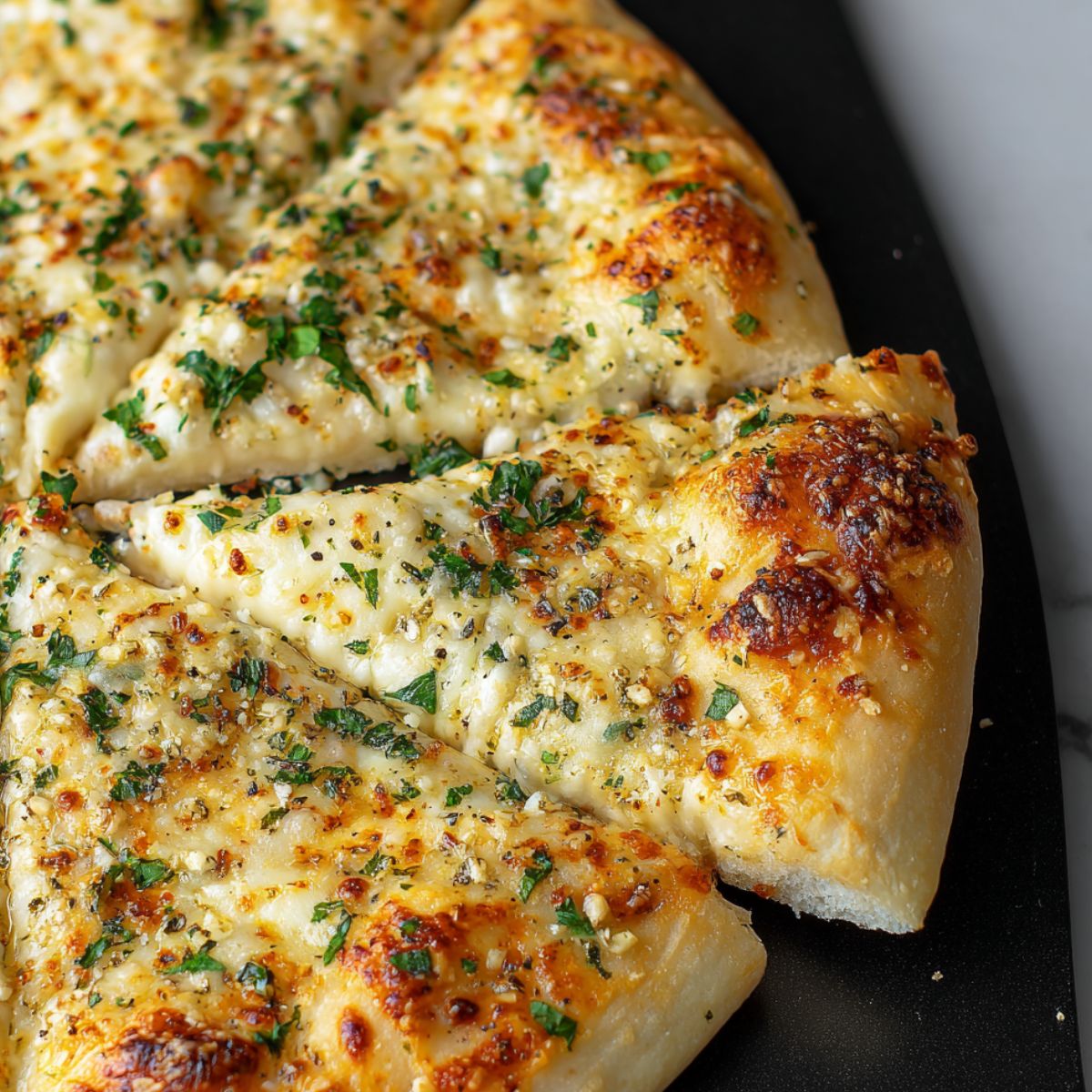 Freshly baked cheesy garlic pizza on a white kitchen counter with golden crust and bubbling cheese