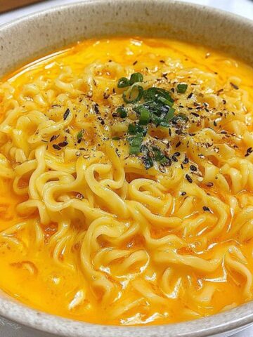 A bowl of cheesy ramen with melted cheese in a creamy broth on a white kitchen counter.