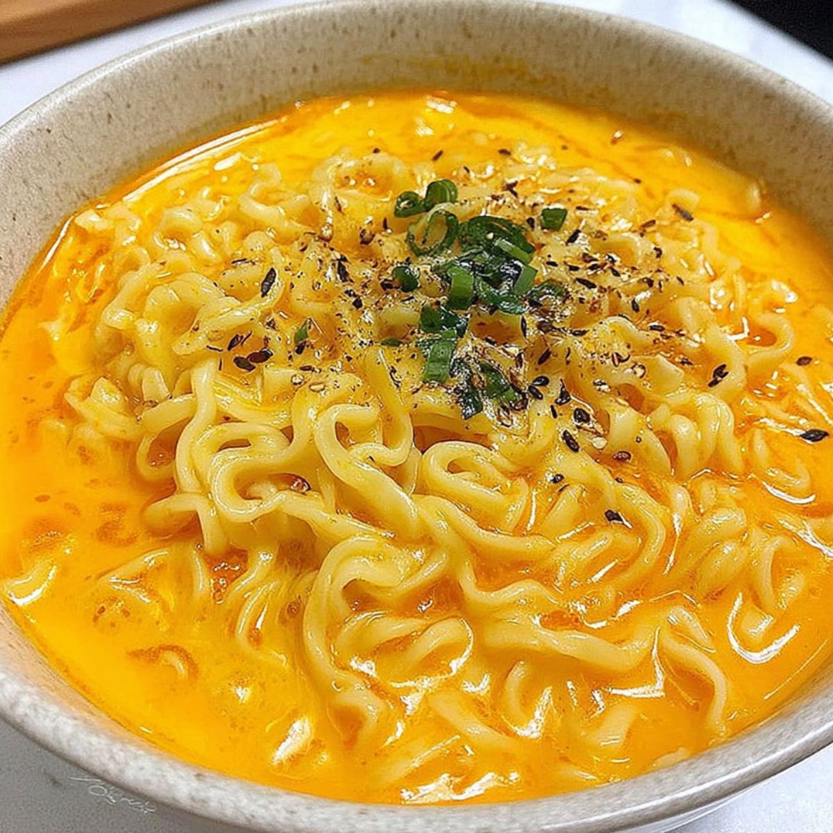 A bowl of cheesy ramen with melted cheese in a creamy broth on a white kitchen counter.