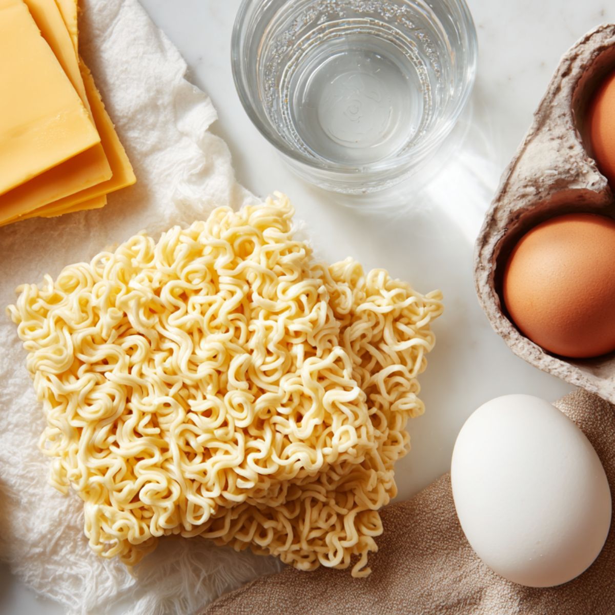 Instant ramen, American cheese slices, egg, and water on a kitchen counter.