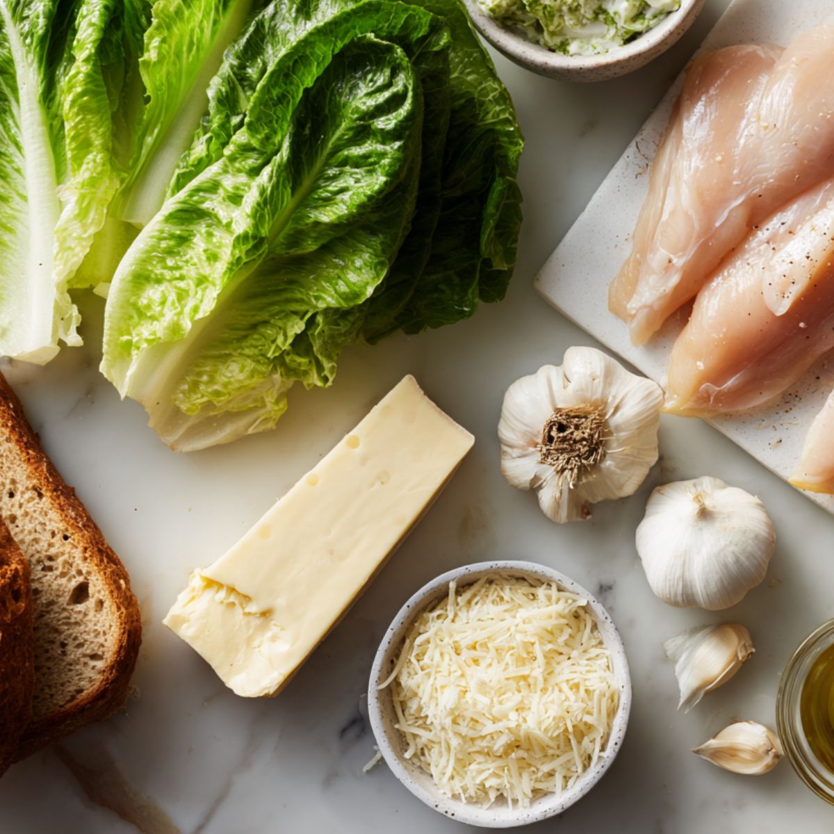 Ingredients for Chicken Caesar Sandwich laid out on a kitchen counter