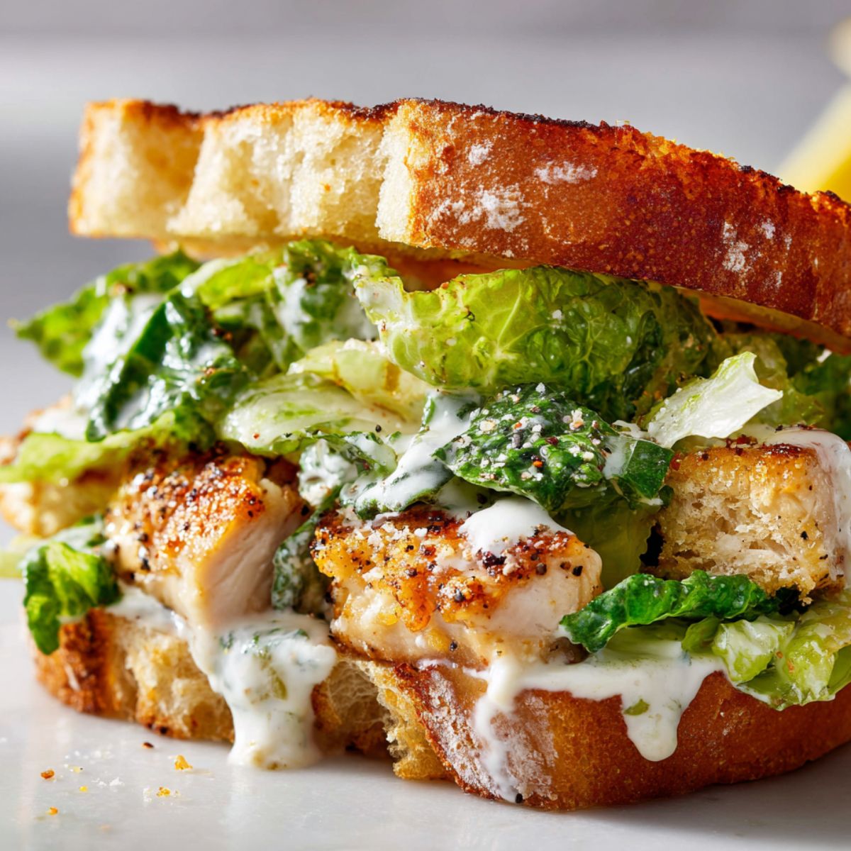 Homemade Chicken Caesar Sandwich with romaine and parmesan on sourdough