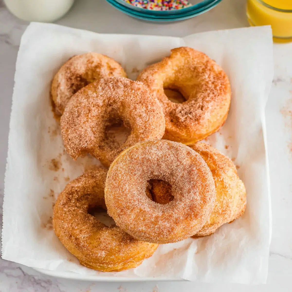 Rolling warm mini donuts in a bowl of cinnamon sugar