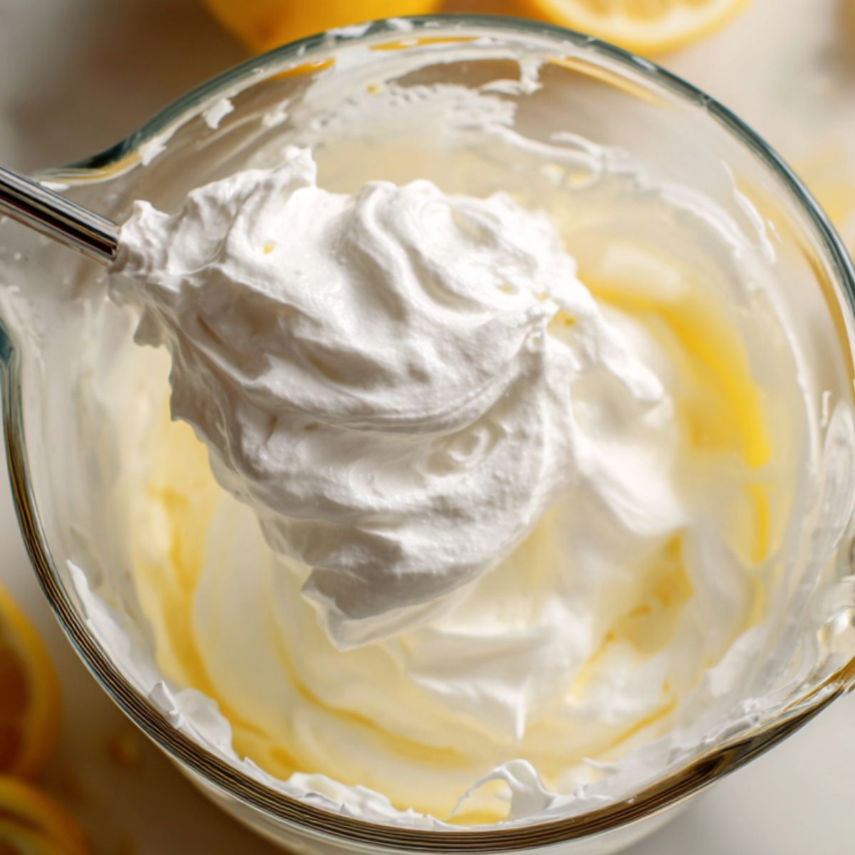 Mixing whipped cream into lemon base in a large pitcher with a spatula