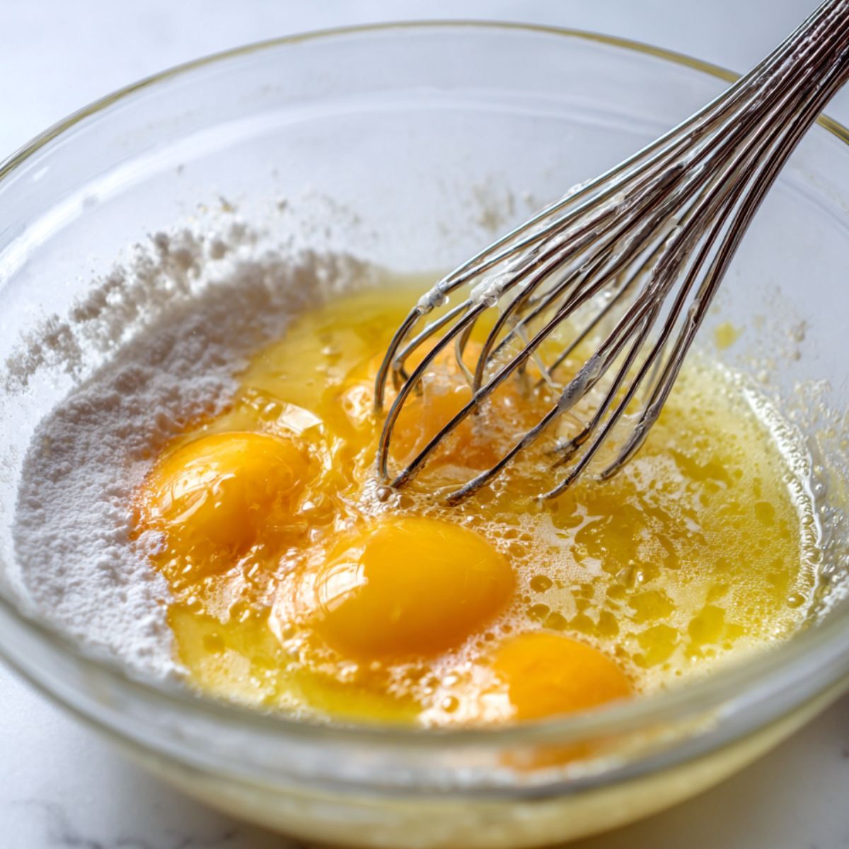 Wet ingredients being whisked in a kitchen bowl on white counter.