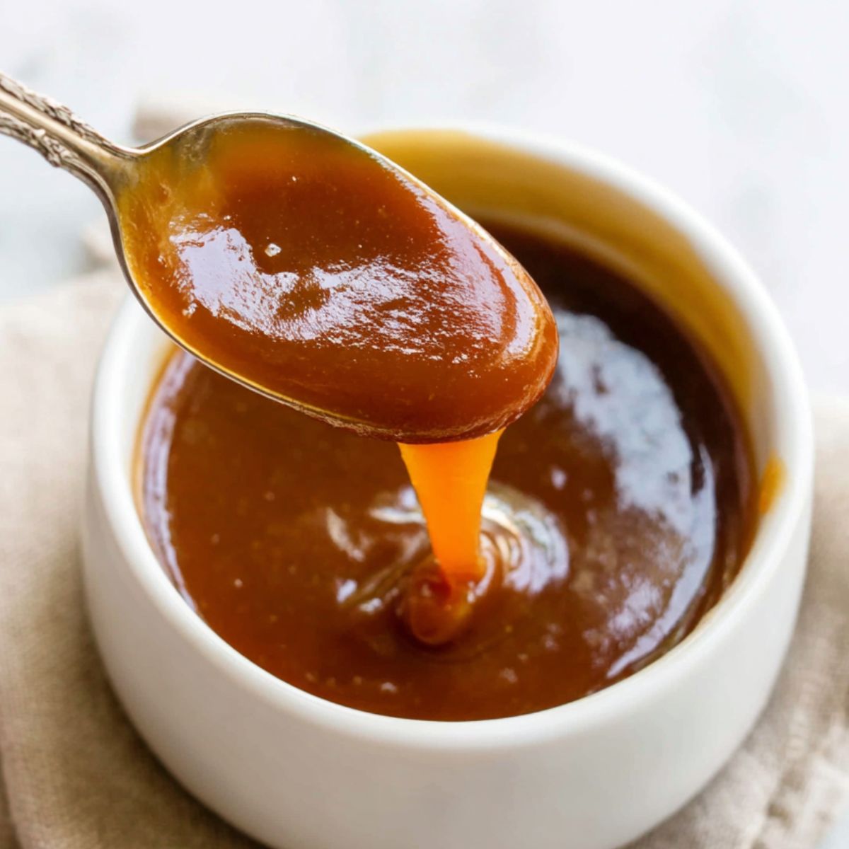Spoon showing thick and glossy date caramel over bowl