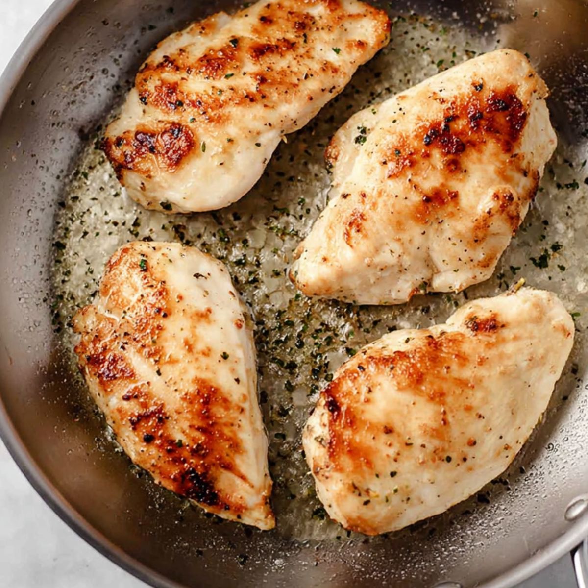  Chicken breasts cooking in a pan until golden