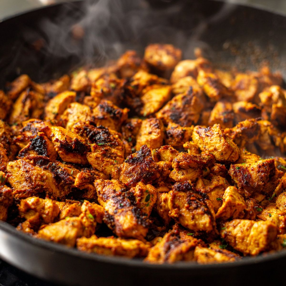 Spicy chicken shawarma cooking in a skillet with crispy edges.