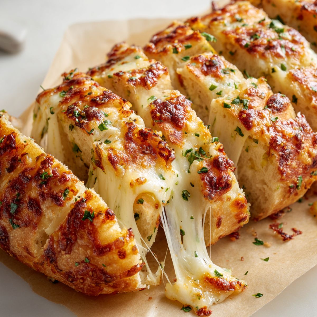 Sliced stuffed cheesy bread with melted cheese stretches