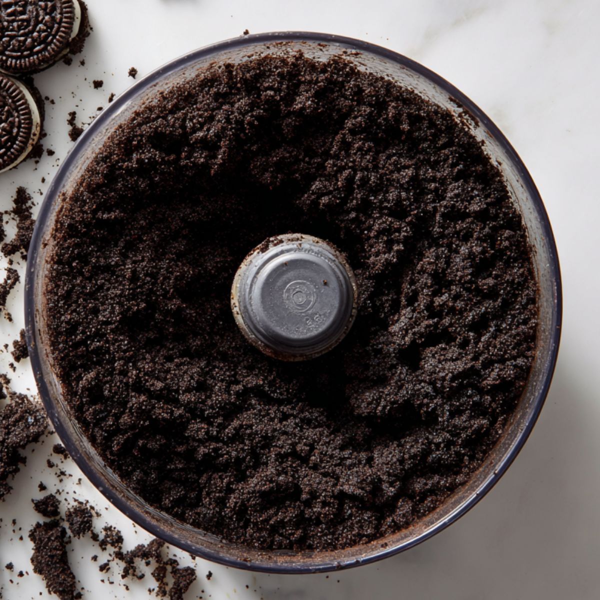 Crushed Oreo cookies in a food processor on a white kitchen counter.