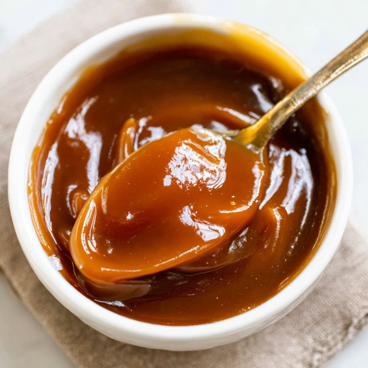 Spoon dripping homemade date Date Caramels onto white plate on kitchen counter