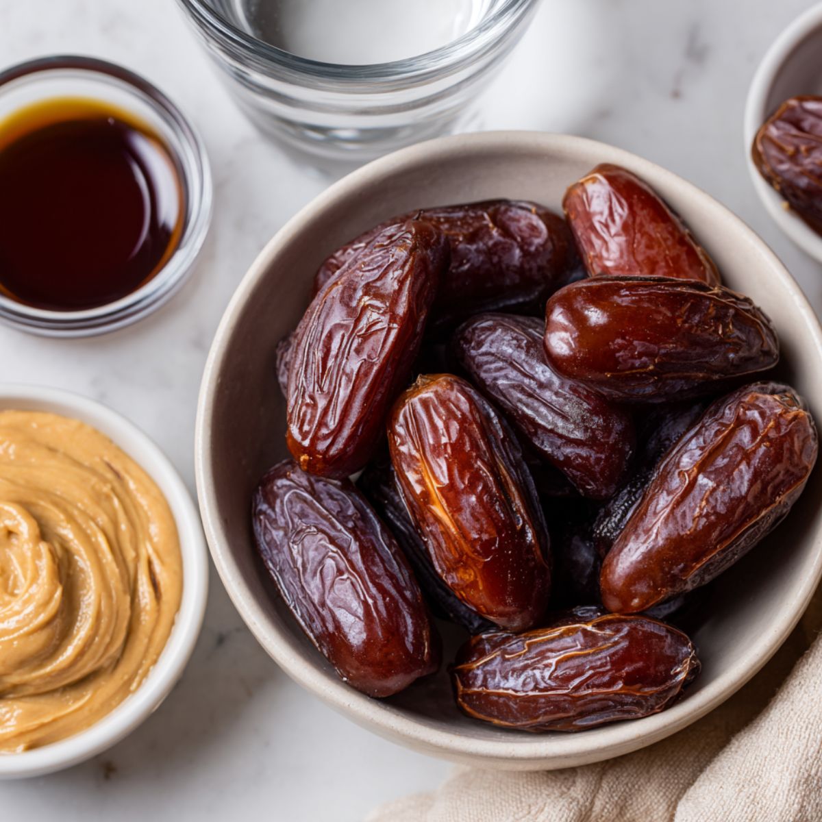 Medjool dates, almond butter, vanilla, and water on a white kitchen counter