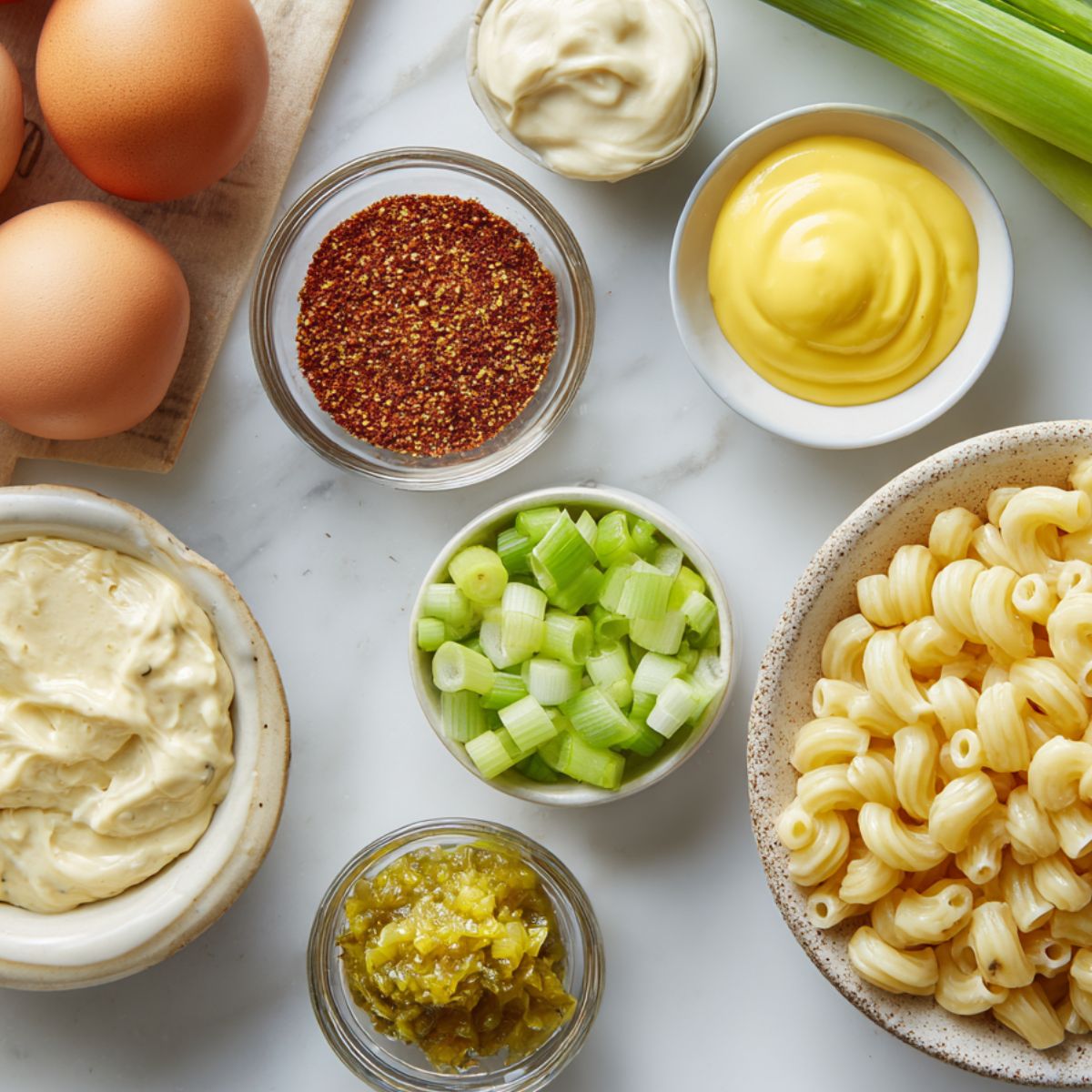 Flat lay of ingredients for deviled egg pasta salad on a kitchen counter