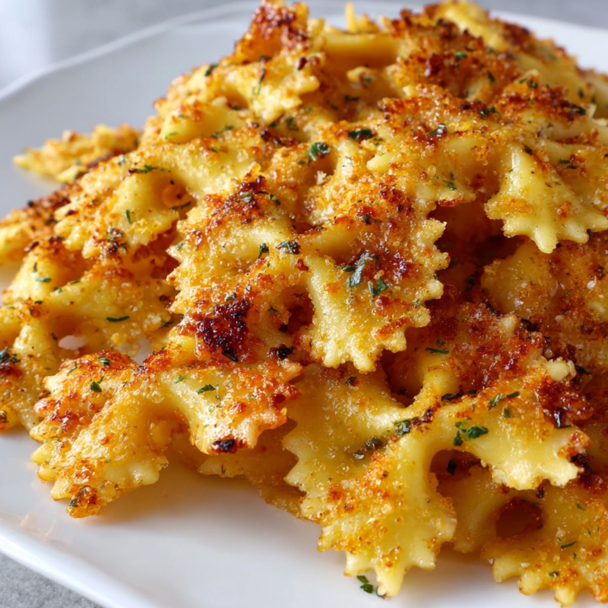 Crispy golden baked pasta chips on a white kitchen counter in a casual homemade setting.