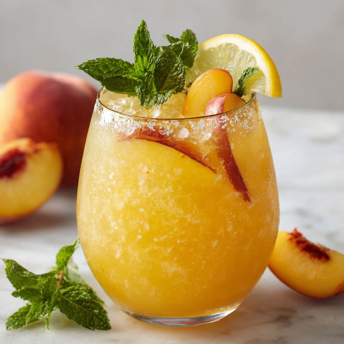Frozen beach peach lemonade served in a glass with peach and lemon garnish