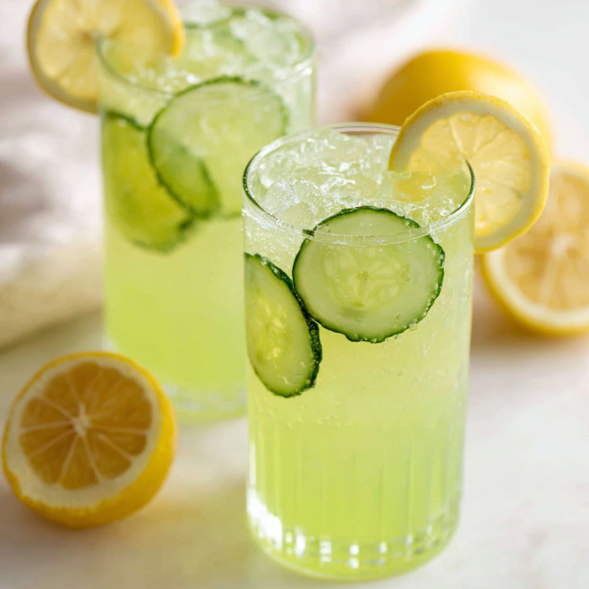 Cups of cucumber lemonade recipe on a white kitchen counter with fresh lemon and cucumber slices