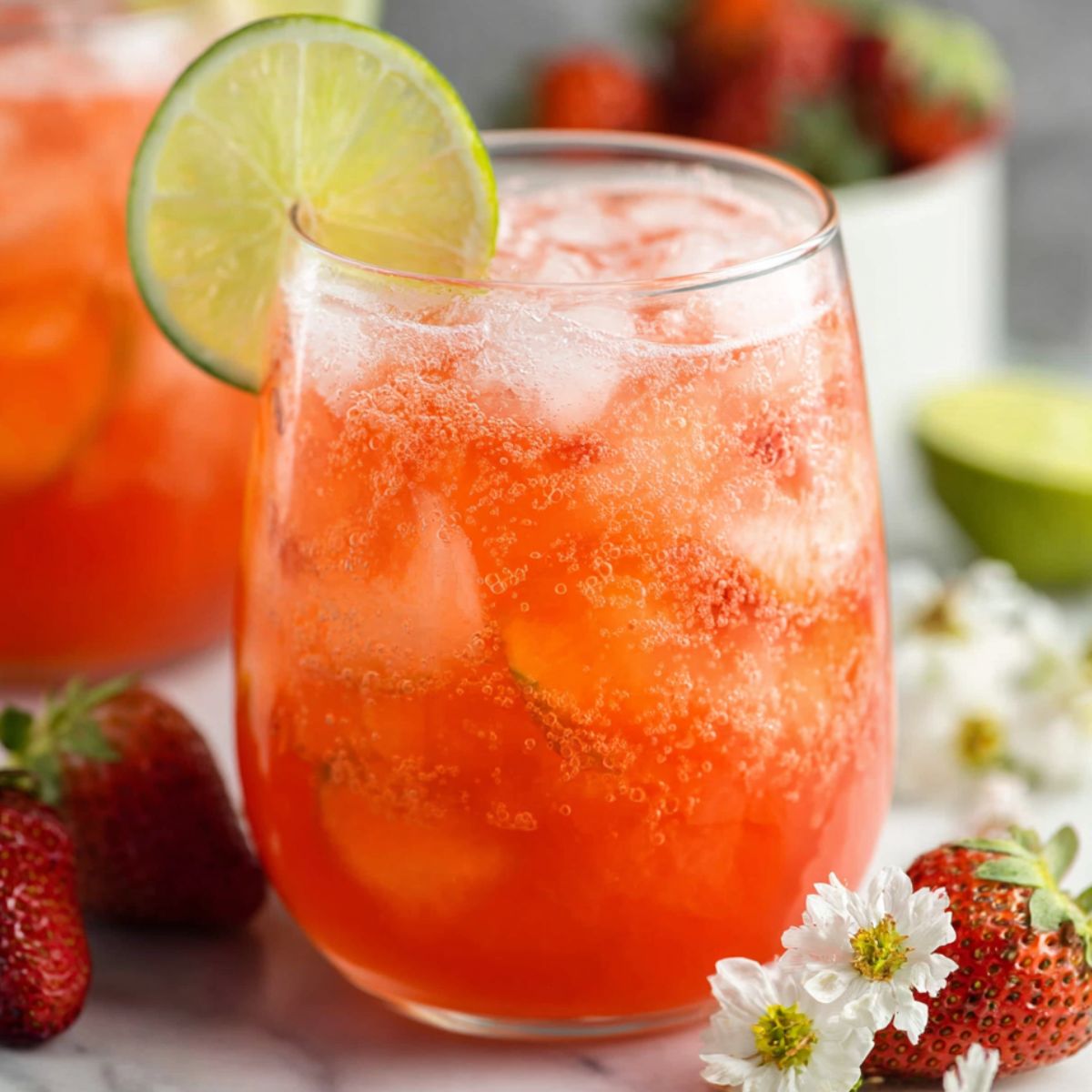  Homemade strawberry limeade in a glass with fresh fruit on a kitchen counter

