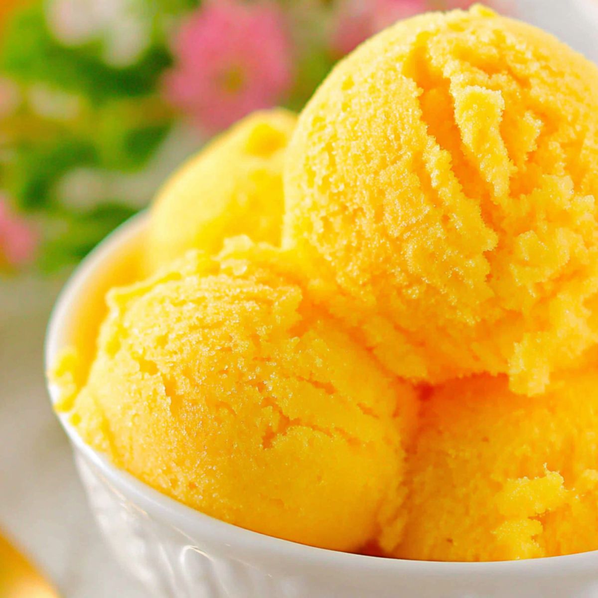 A bowl of homemade mango sorbet ice cream on a white kitchen counter