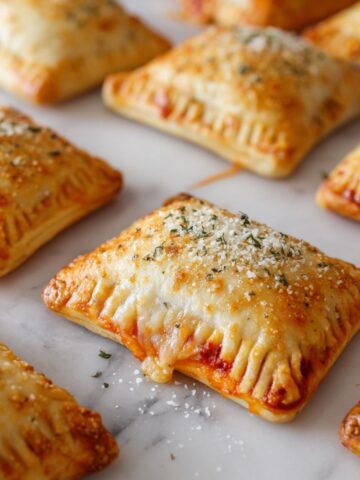 Freshly baked mini pizza pockets on a white kitchen counter