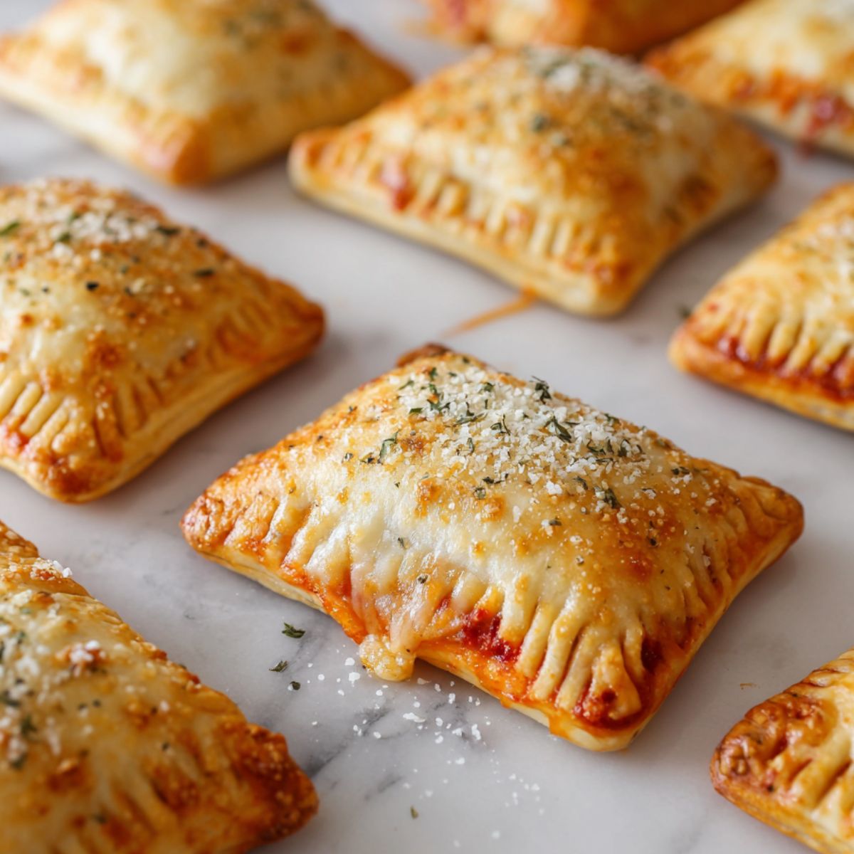 Freshly baked mini pizza pockets on a white kitchen counter