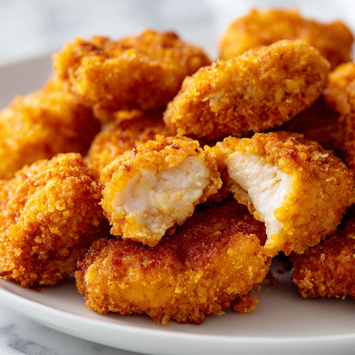 Homemade ground chicken nuggets served on a plate, crispy with juicy centers.