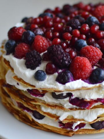 Homemade pancake cake with berries and cream