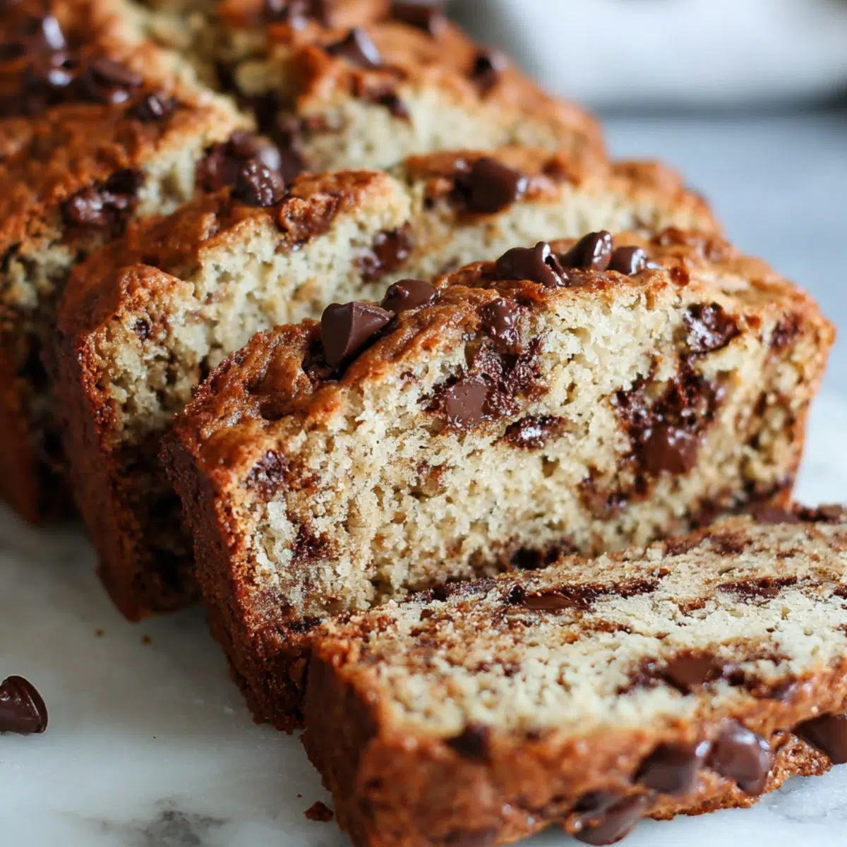 Freshly baked banana bread loaf with chocolate chips recipe on a white kitchen counter