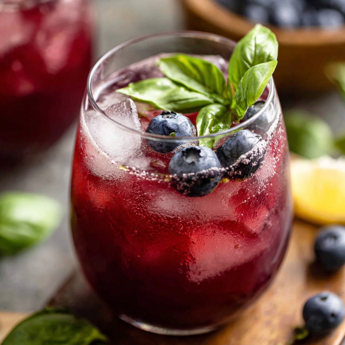  A homemade glasses of blueberry basil lemonade with fresh blueberries, basil leaves, and ice on a wooden kitchen counter