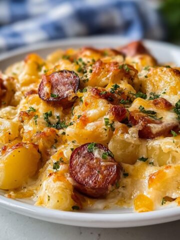 Freshly baked cheesy ranch potatoes and smoked sausage in a white plate