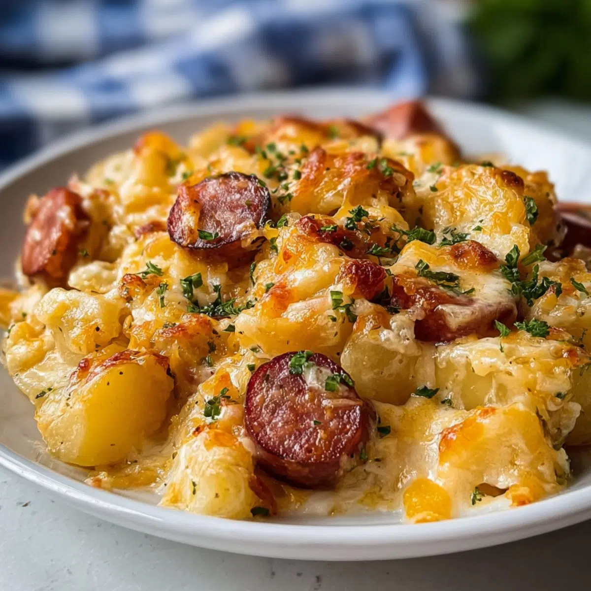 Freshly baked cheesy ranch potatoes and smoked sausage in a white plate