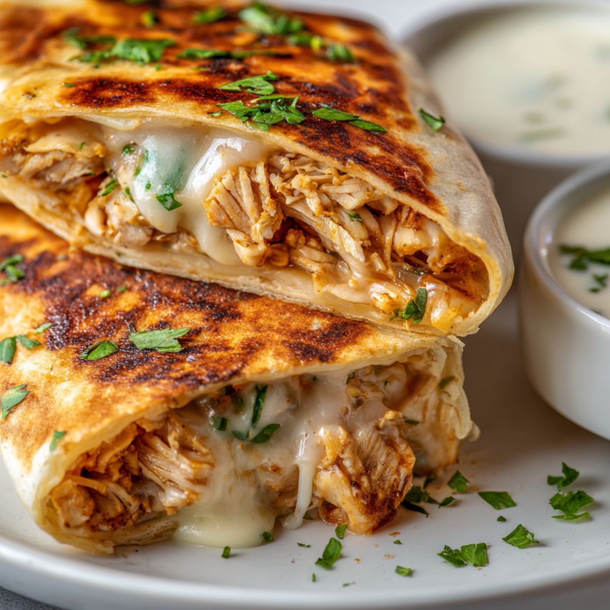 Homemade Cheesy Garlic Chicken Wraps on a white counter