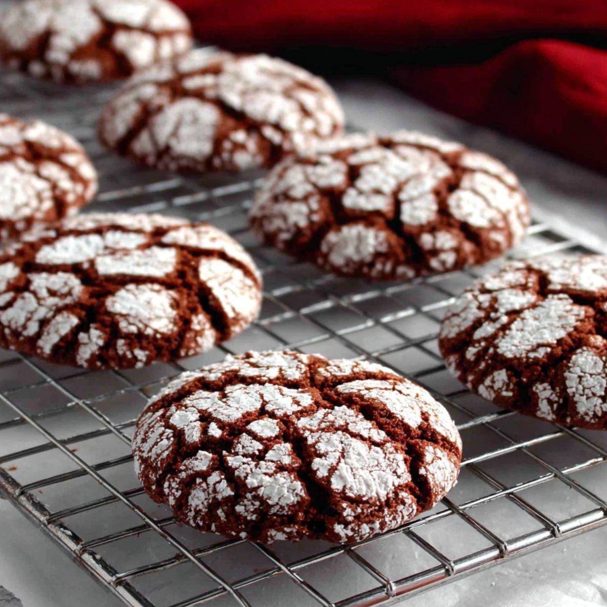 Gluten free crinkle cookies with crackled tops on a wire rack