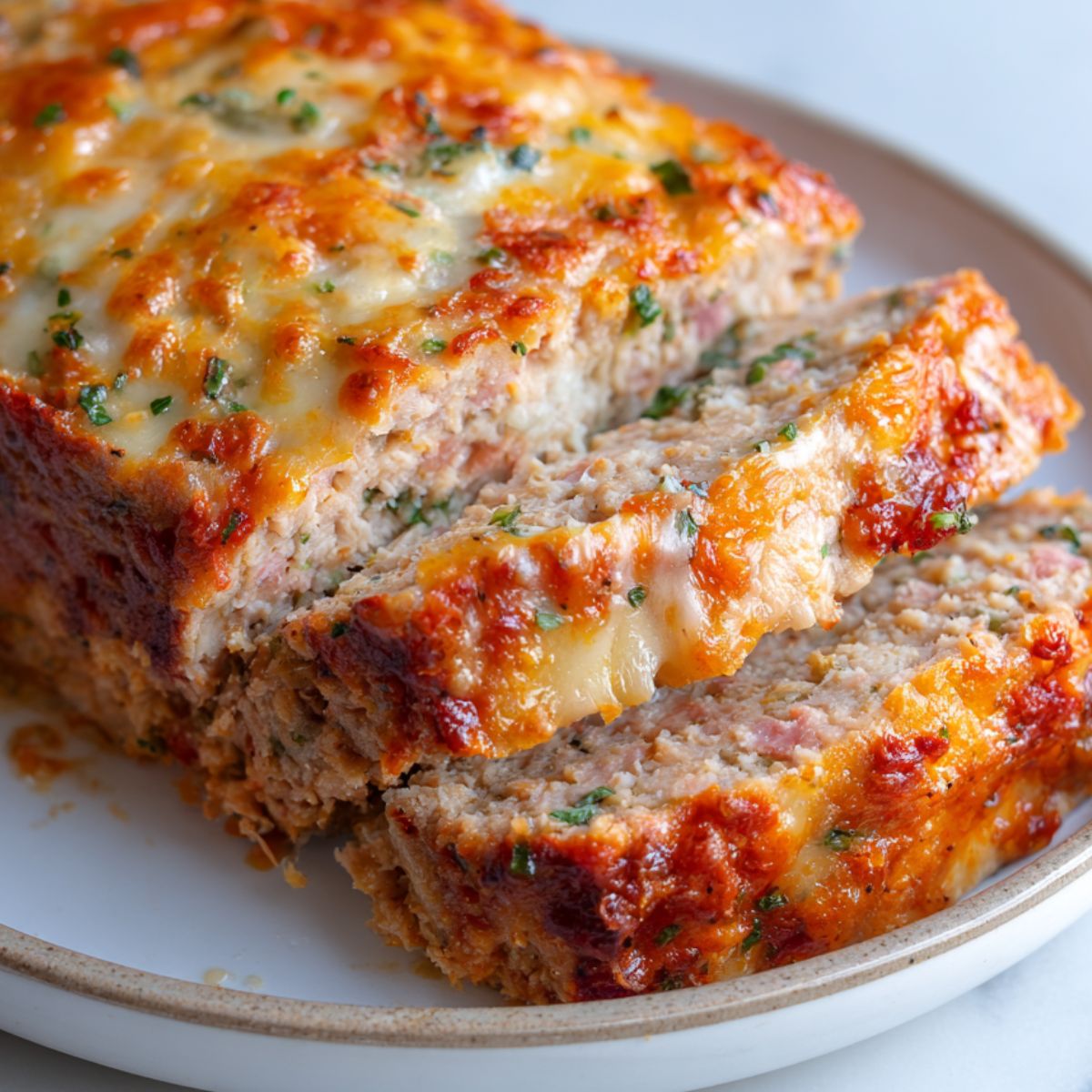Sliced chicken cordon bleu meatloaf on a white plate, cheese melting out